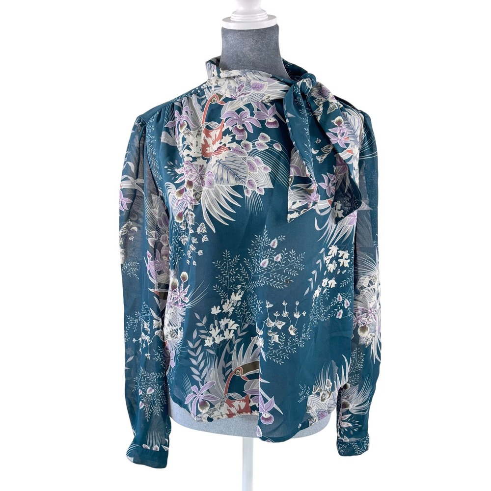 GO YOUNG Blue Floral Toucan Neck‎ Tie Blouse Women Long Sleeve Sheer Size S/M